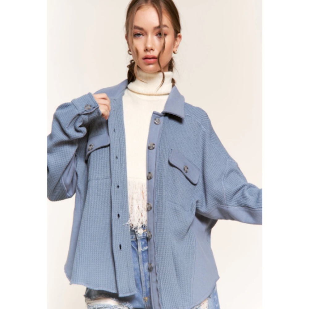 Vici denim Blue Ribbed Knit Button Down Shacket